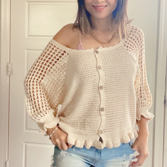 Miracle Cozy Crochet Button down Ruffle Sweater Top - Picture 6 of 16